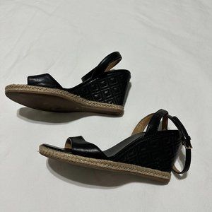 Tory Burch Black Leather Quilted Wedge Heels Espadrille SIZE 6 M